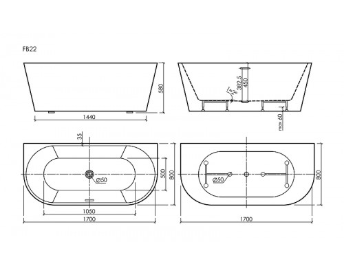 Акриловая ванна Sancos Labo 170x80 FB22 цвет Белый