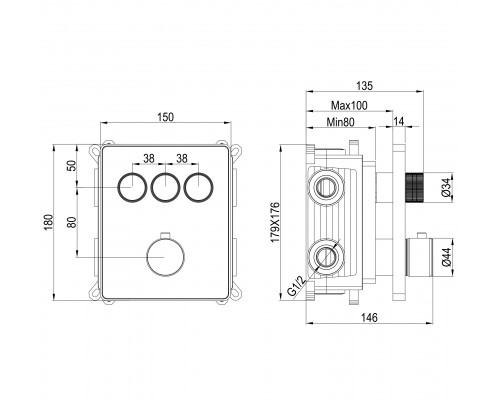 Термостатическая панель смесителя встраиваемая на 3 потребителя WONZON & WOGHAND, Брашированное розовое золото (WW-INF323A-BRG)