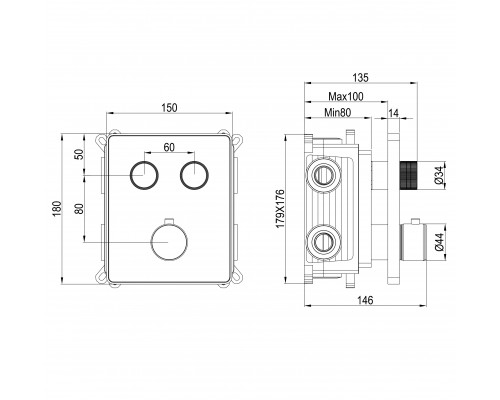 Термостатическая панель смесителя встраиваемая на 2 потребителя WONZON & WOGHAND, Хром (WW-INF322A-CR)