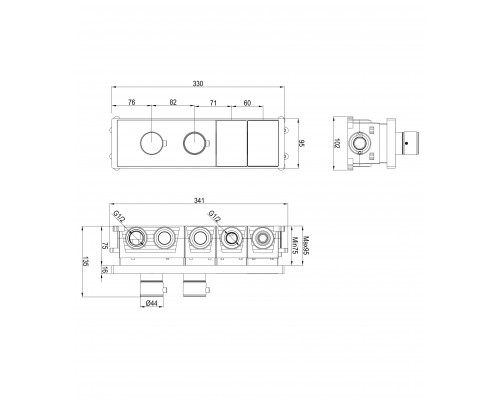 Термостатическая панель смесителя встраиваемая на 2 потребителя WONZON & WOGHAND, Темный графит (WW-INF162A-GM)