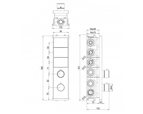 Термостатическая панель смесителя встраиваемая на 3 потребителя WONZON & WOGHAND, Черный матовый (WW-INF363B-MB)
