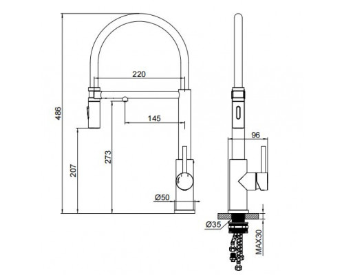 Смеситель для кухни с гибким изливом и подключением фильтра WONZON & WOGHAND, Брашированное золото (WW-458027-BG)