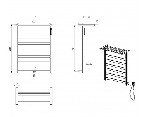 Полотенцесушитель электрический WONZON & WOGHAND, Черный матовый (WW-A1026-MB)