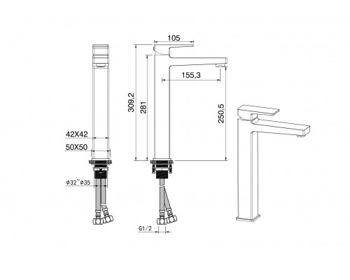 Смеситель для раковины высокий Wonzon & Woghand, Темный графит (WW-88019068-BGM)
