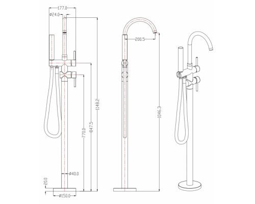 Смеситель для ванны Напольный Grocenberg GB900BG Графит