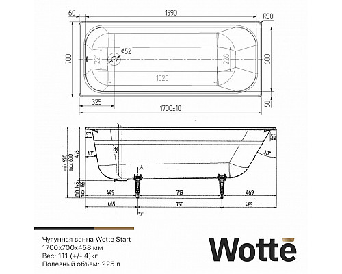 Ванна чугунная Wotte Start 170х70 Ванна чугунная Wotte Start 170х70