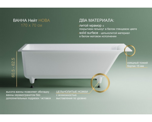 Ванна Astra-Form Нейт Нова Solid 170x70 см в комплекте с ножками