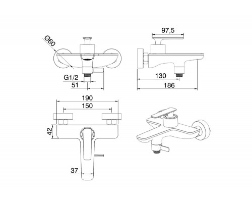 Смеситель для ванны с душем,хром FELICE 0240 CROMO
