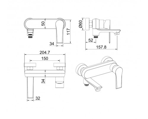 Смеситель для ванны с душем,хром FELICE 8040 CROMO