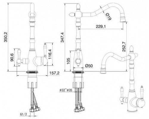 Смеситель для кухни с подключением к фильтру,золото матовое FELICE 1819-12 ORO OPACO