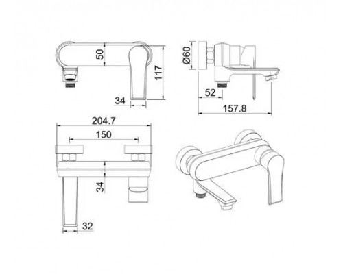Смеситель для ванны с душем,оружейная сталь FELICE 8040 G GUN METAL