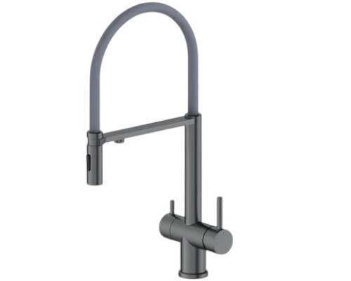 Смеситель для кухни с гибким съемным изливом и подключением к фильтру из латуни,графит с серым шлангом FELICE 1314 GG GUN METAL-GRIGIO