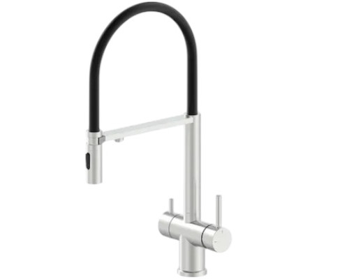 Смеситель для кухни с гибким съемным изливом и подключением к фильтру из латуни,никель/черный FELICE 1314 SN SATINATO-NERO