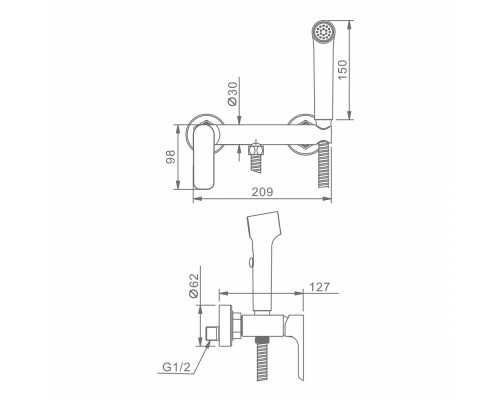 Смеситель Raglo R03.51.09 с гигиеническим душем настенный , графит