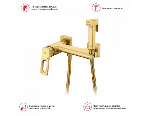 Смеситель Raglo R51.51.03 с гигиеническим душем настенный , сатин золотой
