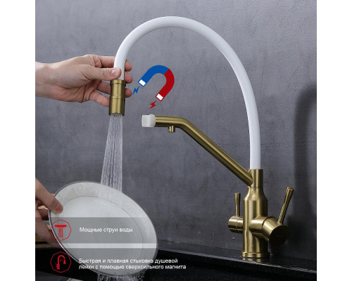 Смеситель Raglo R81.62.03 для кухни с подключением к фильтру съёмный гибкий излив с магнитным фиксатором, сатин золотой