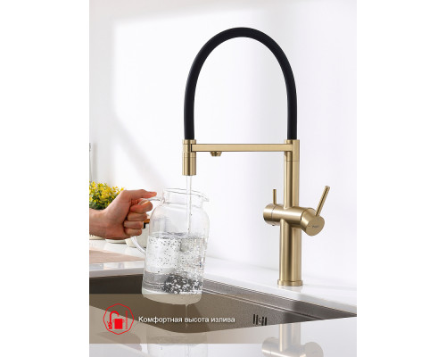 Смеситель Raglo R20.63.03 для кухни с подключением к фильтру съёмный гибкий излив с магнитным фиксатором, сатин золотой