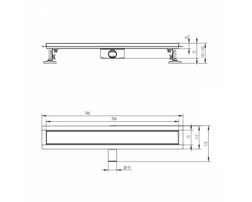 Душевой трап двухсторонний/под плитку Raglo R652.70.06 700мм, нержавеющая сталь, черный