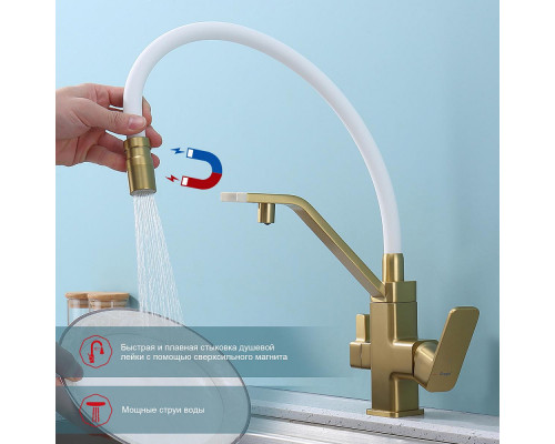 Смеситель Raglo R85.62.03 для кухни с подключением к фильтру съёмный гибкий излив с магнитным фиксатором, сатин золотой