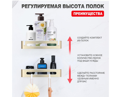 Полка для ванны и душа Raglo R340.02.03 прямая с крючками,сатин золотой