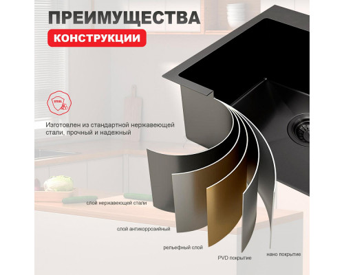 Кухонная мойка Raglo R701.6050 из нержавеющей стали в базу от 60см, графит