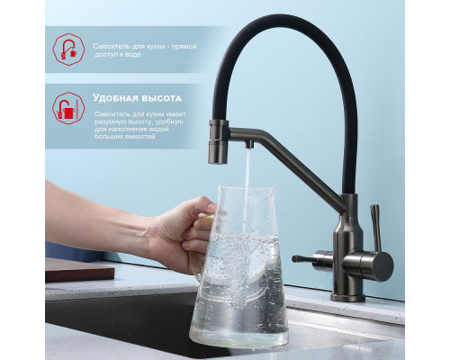 Смеситель Raglo R81.62.09 для кухни с подключением к фильтру съёмный гибкий излив с магнитным фиксатором, графит