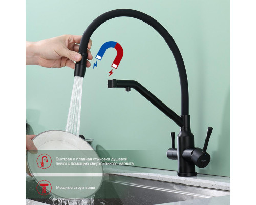 Смеситель Raglo R81.62.06 для кухни с подключением к фильтру съёмный гибкий излив с магнитным фиксатором, черный