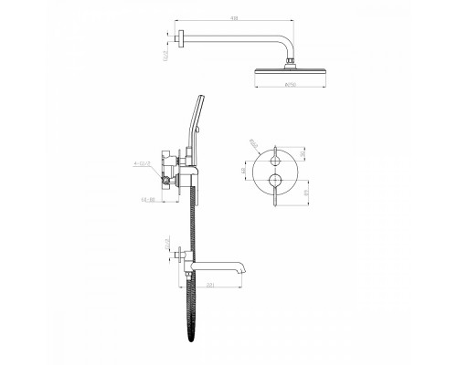 Душевая система Raglo R20.27 для ванны и душа встраиваемая на 3 режима излив поворотный 20 см, хром