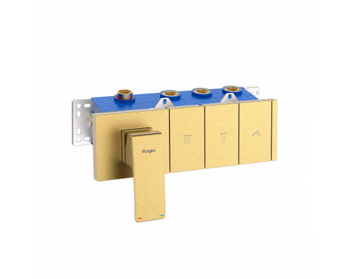 Смеситель Raglo R02.273.03 для ванны и душа встраиваемый на 3 режима (кнопочное управление), сатин золотой