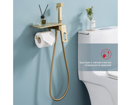 Смеситель Raglo R51.55.03 с гигиеническим душем встраиваемый с полкой и держателем бумаги, сатин золотой