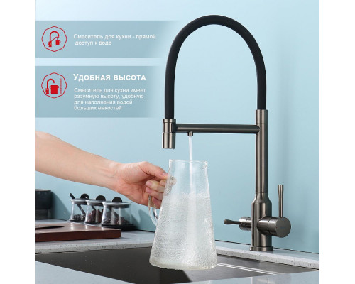Смеситель Raglo R81.63.09 для кухни с подключением к фильтру съёмный гибкий излив с магнитным фиксатором, графит