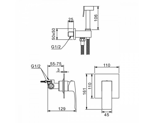 Смеситель Raglo R03.53.06 с гигиеническим душем встраиваемый , черный