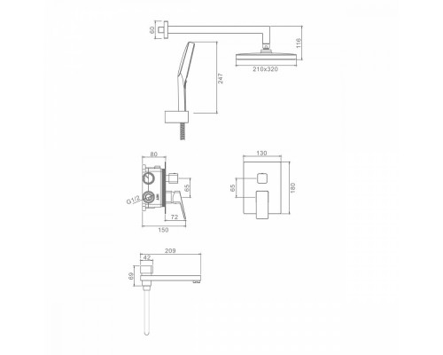 Душевая система Raglo R30.27.06 для ванны и душа встраиваемая на 3 режима излив поворотный 20 см, черный
