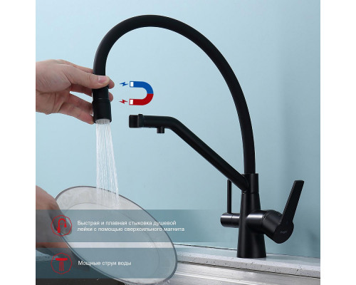 Смеситель Raglo R80.62.06 для кухни с подключением к фильтру съёмный гибкий излив с магнитным фиксатором, черный