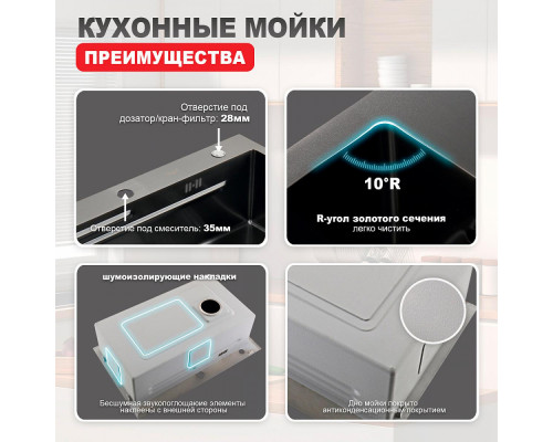 Кухонная мойка Raglo R702.7246 из нержавеющей стали в базу от 80см, графит