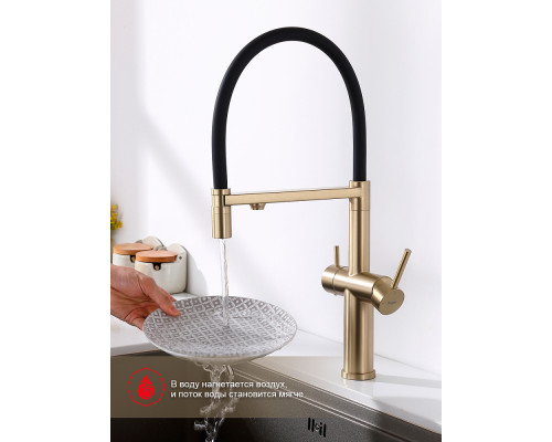 Смеситель Raglo R20.63.03 для кухни с подключением к фильтру съёмный гибкий излив с магнитным фиксатором, сатин золотой