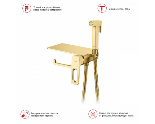 Смеситель Raglo R51.55.03 с гигиеническим душем встраиваемый с полкой и держателем бумаги, сатин золотой