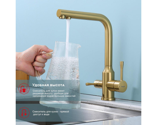 Смеситель Raglo R81.61.03 для кухни с подключением к фильтру излив поворотный, сатин золотой