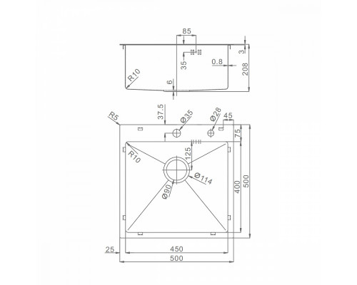Кухонная мойка Raglo R700.5050.05 из нержавеющей стали в базу от 50см, сатин