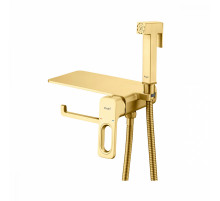 Смеситель Raglo R51.55.03 с гигиеническим душем встраиваемый с полкой и держателем бумаги, сатин золотой