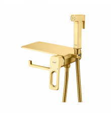 Смеситель Raglo R51.55.03 с гигиеническим душем встраиваемый с полкой и держателем бумаги, сатин золотой