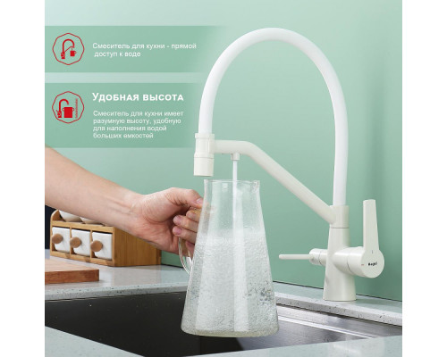 Смеситель Raglo R80.62.08 для кухни с подключением к фильтру съёмный гибкий излив с магнитным фиксатором, белый