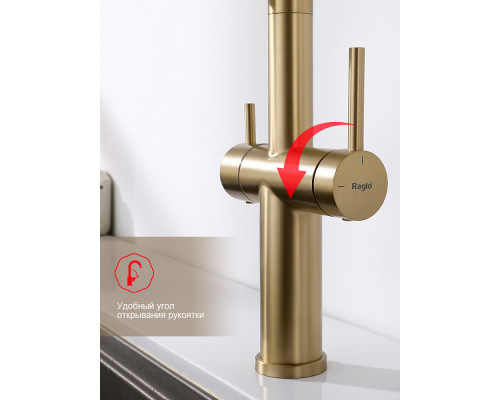 Смеситель Raglo R20.63.03 для кухни с подключением к фильтру съёмный гибкий излив с магнитным фиксатором, сатин золотой