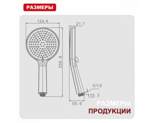 Лейка душевая Raglo R450.50.09 3-х режимная круглая пластик/силикон, графит