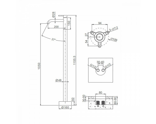 Смеситель Raglo R20.19.33 для раковины напольный, матовая медь