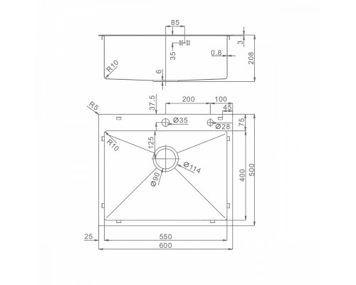 Кухонная мойка Raglo R701.6050 из нержавеющей стали в базу от 60см, графит