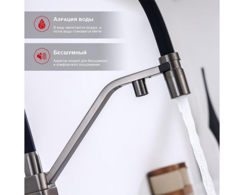 Смеситель Raglo R85.62.09 для кухни с подключением к фильтру съёмный гибкий излив с магнитным фиксатором, графит