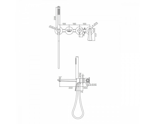 Смеситель Raglo R07.32.03 для ванны и душа встраиваемый излив монолитный 20 см, сатин золотой