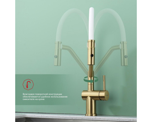 Смеситель Raglo R86.41.03 для кухни съёмный гибкий излив с магнитным фиксатором, сатин золотой
