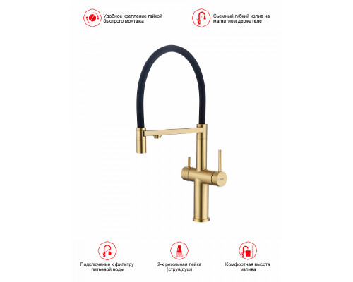 Смеситель Raglo R20.63.03 для кухни с подключением к фильтру съёмный гибкий излив с магнитным фиксатором, сатин золотой